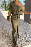 Chicmy-new fashion trend Sexy Solid Color Slit Ruched Knotted Sloping Shoulder Long Dresses