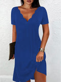 Chicmy- Casual Solid V neck Short Sleeve Knit Dress