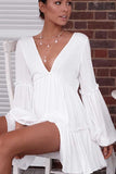 Chicmy-Casual Ruffle Trimmed Long Puff Sleeve V Cut Out Back V Neck Dress