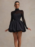 Chicmy Turtleneck Sheer Long Sleeve Sexy Mini Dress For Women Black See Through High Waist A-line Club Party Dress Elegant-Christmas Outfit