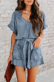 CHICMY- Street Solid Make Old V Neck Short Sleeve High Waist Loose Denim Jumpsuits