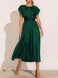 Chicmy-new fashion trend Loose Short Sleeves Solid Color Split-Joint Tied Waist Round-Neck Midi Dresses