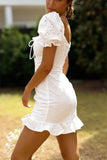 Chicmy-Frill White Cotton Eyelet Shirred Criss Cross Ruffle Hem Dress