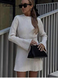 Chicmy-nye outfits Elegant Knitted Ribbed Sweater Mini Dress Women Autumn Winter Flare Sleeve O-neck Vestidos Party Club Ladies Pullover Dresses