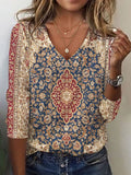 Chicmy- Casual V Neck Loose Ethnic T-Shirt