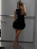 Chicmy-nye outfits Spliced Feathers Hem Women Short Dress Solid O Neck Sleeveless Female Party 2025 Sexy Evening High Waist Fashion Lady Vestidos