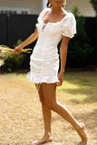 Chicmy-Frill White Cotton Eyelet Shirred Criss Cross Ruffle Hem Dress