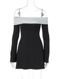 Chicmy Off-shoulder Long Sleeve Mini Dress For Women Autumn Winter New Patchwork Strapless Backless A-line Sexy Dress Elegant-Christmas Outfit