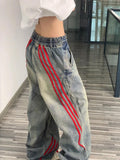 Chicmy-90s streetwear Harajuku hip-hop red striped splicing design oversized high-waisted jeans women y2k street aesthetic popular straight baggy pant