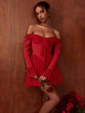 Chicmy Elegant Strapless Backless Sexy Mini Dress For Women Red Off-shoulder Long Flare Sleeve Pleated Club Party Dress 2024-Christmas Outfit