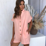 CHICMY- Women Summer Jumpsuit Solid Color Lapel Shirt Button Workwear Jumpsuit Casual High Waist Straight Pants