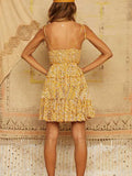 Chicmy-Mustard Yellow Floral Tie Shoulder Ruffle Dress With Frills at bottom