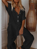 CHICMY- Women Casual Jumpsuit Lapel Mid-Sleeve Button Down Jumpsuit Cotton Wide Leg Pant Jumpsuit