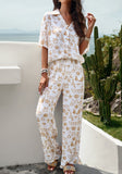 CHICMY- Women's 2024 Spring 2Piece Set Casual Short Sleeve Vacation Print Shirt and Straight Long Pant