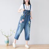 CHICMY- Women's Retro Embroidery Floral Denim Jumpsuit Overall Loose Workwear Jumpsuit for Street School