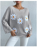 Chicmy-Winter Outfits Women's Embroidered Floral One Shoulder Sweater Ruffle Sleeve Floral Pullover Sweater