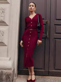 Chicmy-nye outfits Elegant Knit Long Party Dresses Women Slim V-neck Full Sleeve Slit Solid All-matching Dress 2025 Autumn Lady Chic Commute Robes