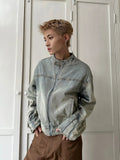 Chicmy- Distressed Zipper Denim Jacket