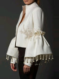 Chicmy-Vintage Elegant Stand Collar Jackets Women Spring Pearl Fringed Decor Embroidery Flared Sleeves Coat Party Evening Outerwears