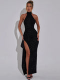 Chicmy Sparkle Thigh High Split Sexy Maxi Dress Women Gown Black Half High Collar Sleeveless Backless Bodycon Sexy Long Dress-Christmas Outfit