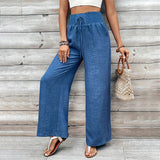 Chicmy-Winter Outfits Women's High Waisted Elastic Blue Casual Pants Long Pants