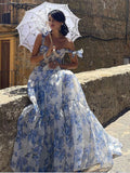 Chicmy-Hydrangea Provencal Blue Floral Maxi Tie Strap Fairy Dress