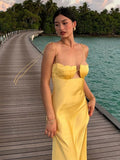 Chicmy-nye outfits Summer Backless Yellow Satin Slip Dresses Women Elegant Off Shoulder Strapless Floral Chest Long Dress 2025 New Lady Party Robes