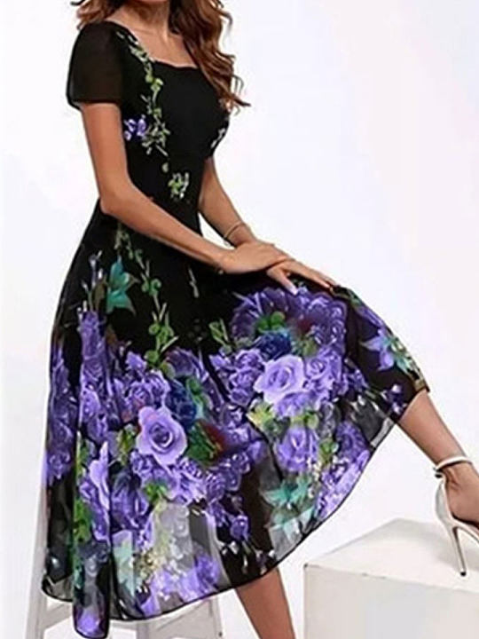 Chicmy- Round Neck Casual Floral Print Short Sleeve Midi Dress