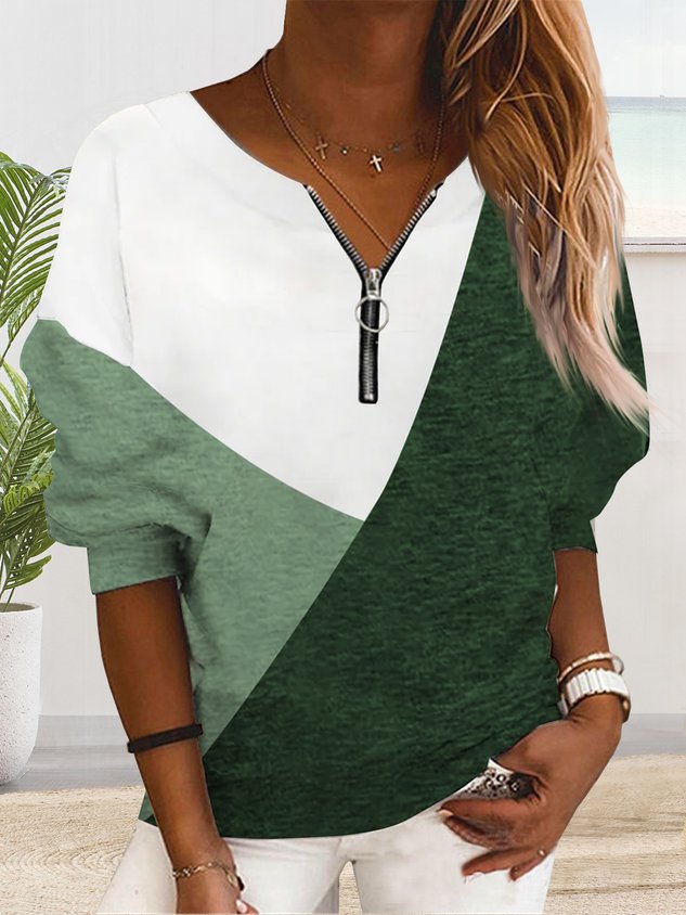 ChicmyJFN Plain Color Block Zipper Loose Simple Sweatshirt