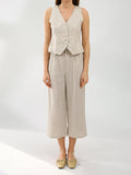 Chicmy-Solid Color Buttoned Deep V-Neck Sleeveless  Vest Top + Pleated Straight Leg Pants Bottom Two Pieces Set