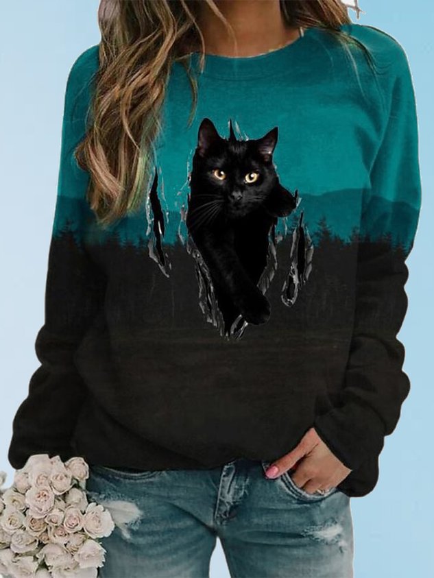 ChicmyWomen's Casual Cat Pattern Gradient Pullover Hoodie Urban Daily Women's Clothing
