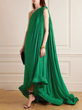 Chicmy-Banquet Sleeveless Loose Pleated Falbala Solid Color One-Shoulder Maxi Dresses