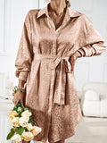 CHICMY-Graduation gift, graduation evening dress Tied Waist Leopard Buttoned Loose Long Sleeves Lapel Shirt Dress Mini Dresses