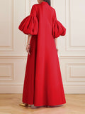 Chicmy-Loose Flower Shape Solid Color Stand Collar Lantern Sleeves Maxi Dresses
