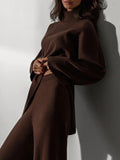 Chicmy-Casual Solid Color Irregularity High-Neck Sweater& Wide Leg Pants Suits