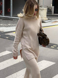 Chicmy-Casual Loose Long Sleeves Split-Side Solid Color High-Neck Sweater Tops