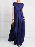 Chicmy-Loose Pleated Solid Color Boat Neck Maxi Dresses