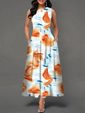 Chicmy- Round Neck Casual Loose Floral Print Sleeveless Maxi Dress