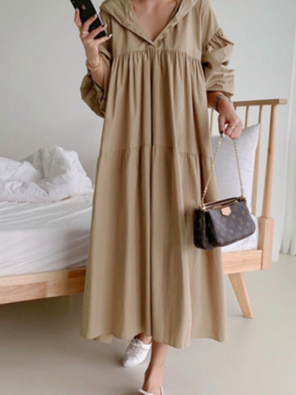 Chicmy-Urban Solid Color Pleated Long Sleeves Hooded Midi Dress
