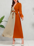 ChicmyV Neck Casual Two Tone Surplice Neck Lantern Sleeve Belted Dress