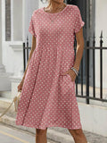 Chicmy- Short Sleeve Round Neck Pocket Polka Dot Short Dress