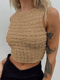 Chicmy-Pleated Solid Color Skinny Sleeveless Round-Neck Vest Top