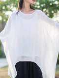 Chicmy-See-Through Solid Color Half Sleeves High-Low Round-Neck Blouses