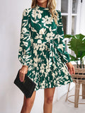 CHICMY-Graduation gift, graduation evening dress Tied Waist Pleated Flower Print Loose Long Sleeves Mock Neck Mini Dresses