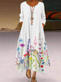 Chicmy- V-neck Casual Loose Floral Print Long Sleeve Maxi Dress