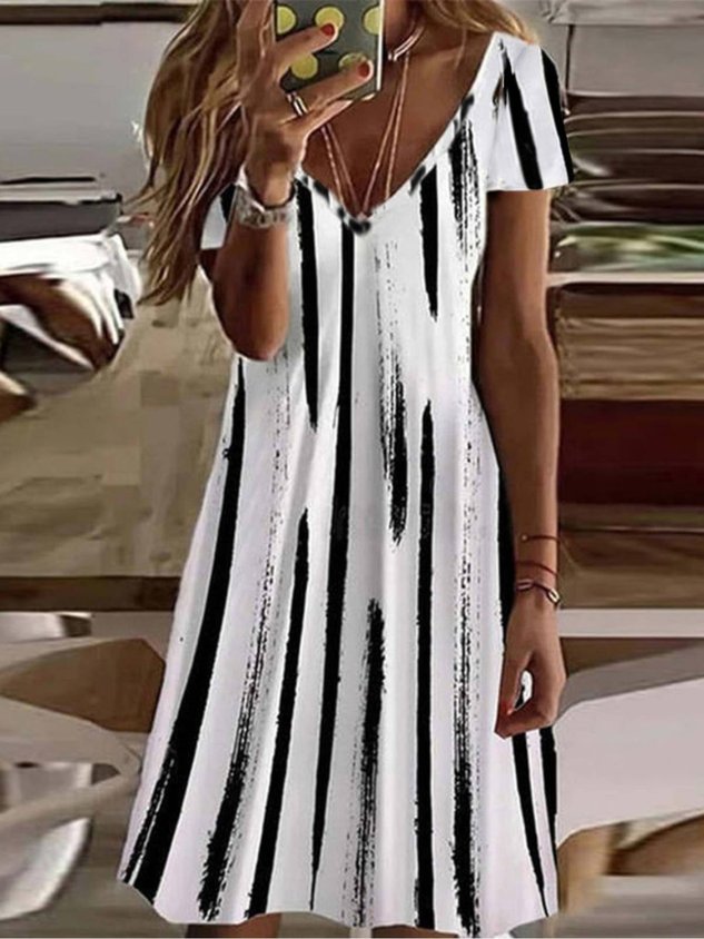 Chicmy Striped V Neck Casual Short Sleeve Dress