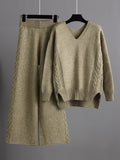 Chicmy-Stylish Loose Long Sleeves Solid Color V-Neck Sweater Tops& Wide Leg Pants Two Pieces Set