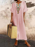 Chicmy- V-neck Casual Loose Retro Ethnic Print Short-sleeved Maxi Dress