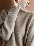 Chicmy-Casual Loose Solid Color Striped High-Neck Long Sleeves Sweater Tops