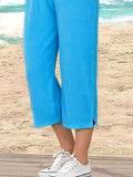 ChicmyJFN Vacation Casual Loose Soft Solid Elastic Waist Knit Blue Capris Pants